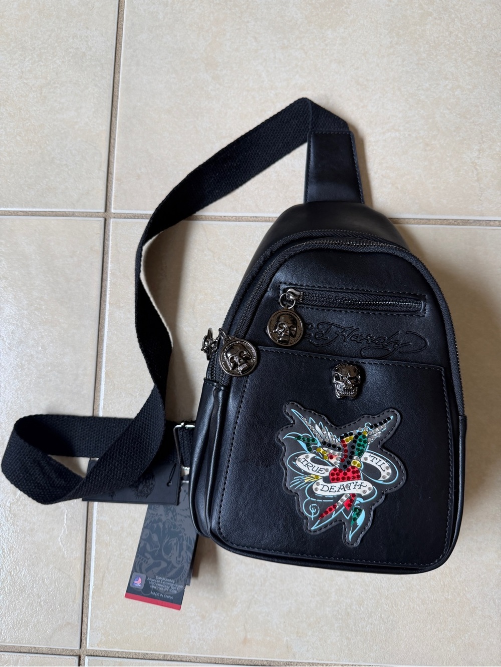 Ed Hardy Black Sling Crossbody Unisex Bag True Till Death Rhinestone
